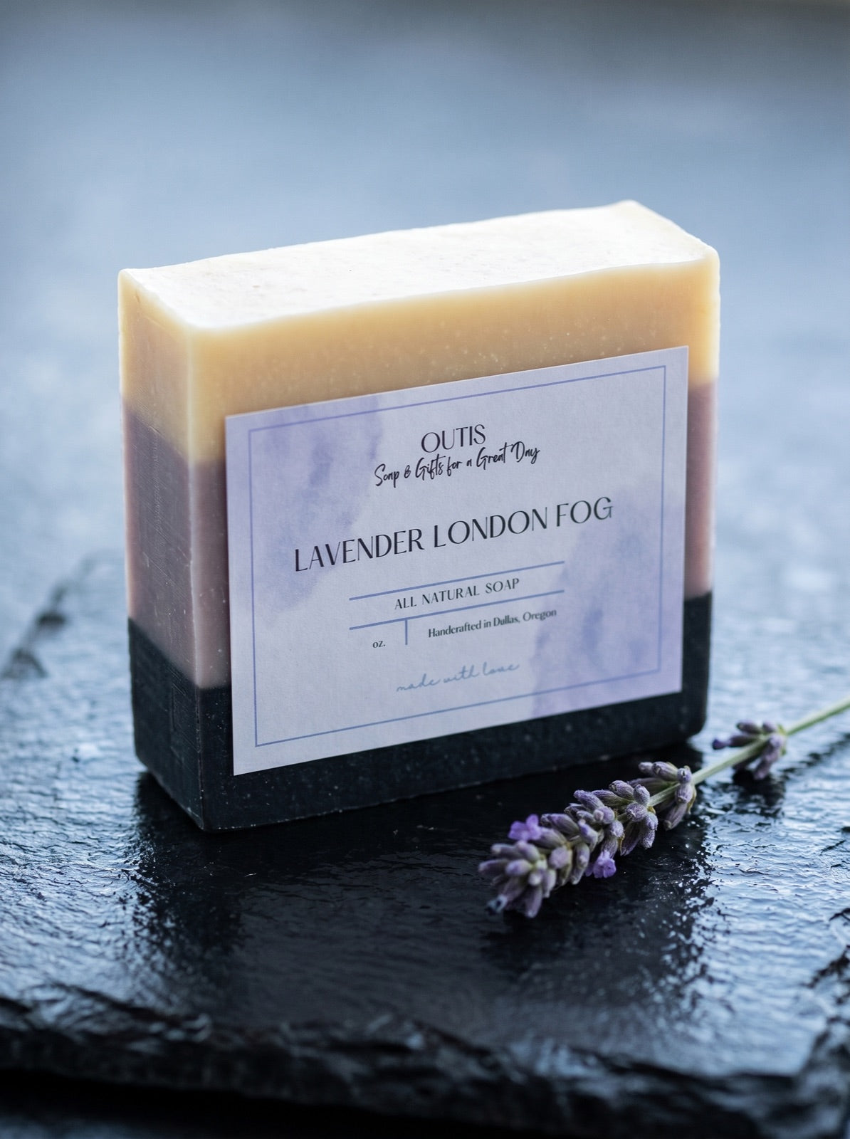 Lavender London Fog, handmade tea soap by Outis Gifts (studio photo)