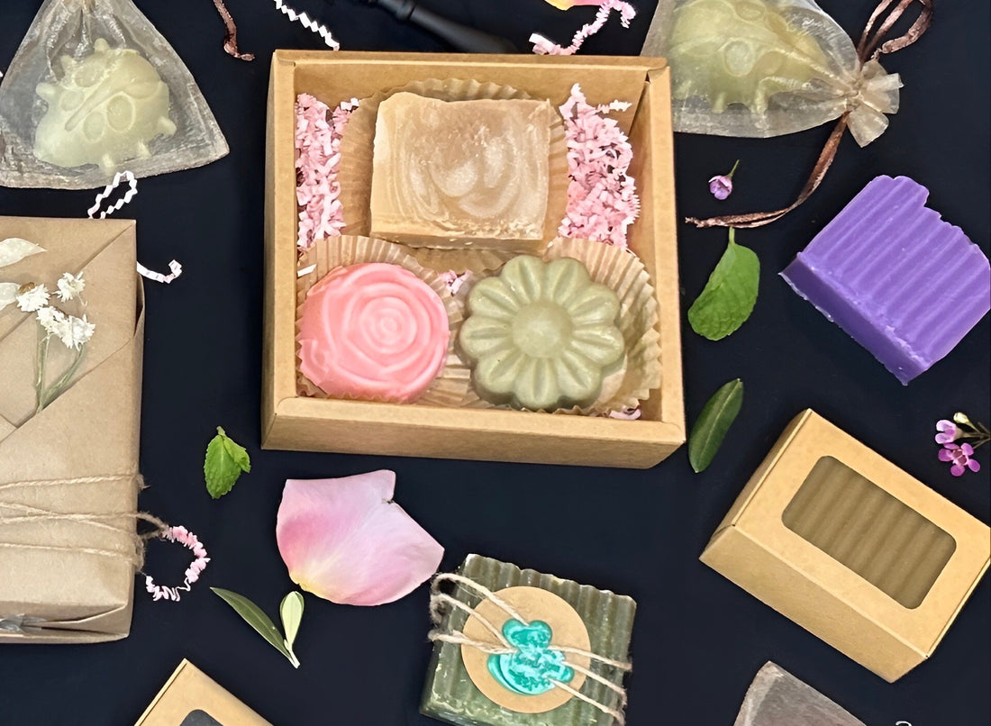 Handmade soap favors from the Outis workshop, wrapped and tagged for an event