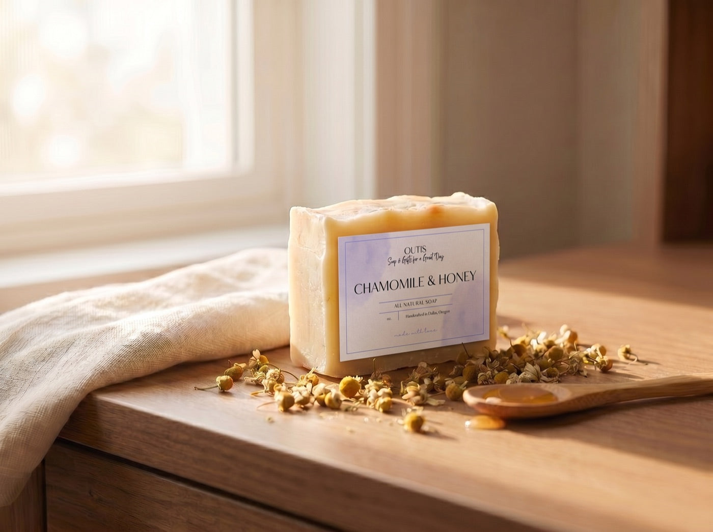 Chamomile & Honey, handmade tea soap by Outis Gifts (studio photo)