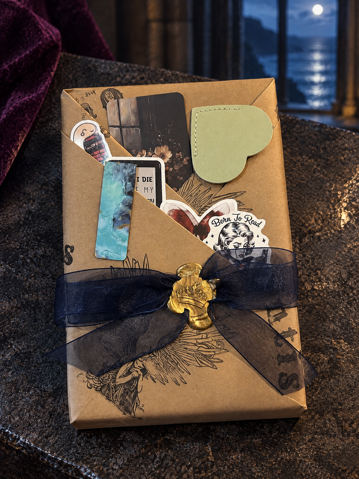 Decorative book wrapping with ribbon and finishing details