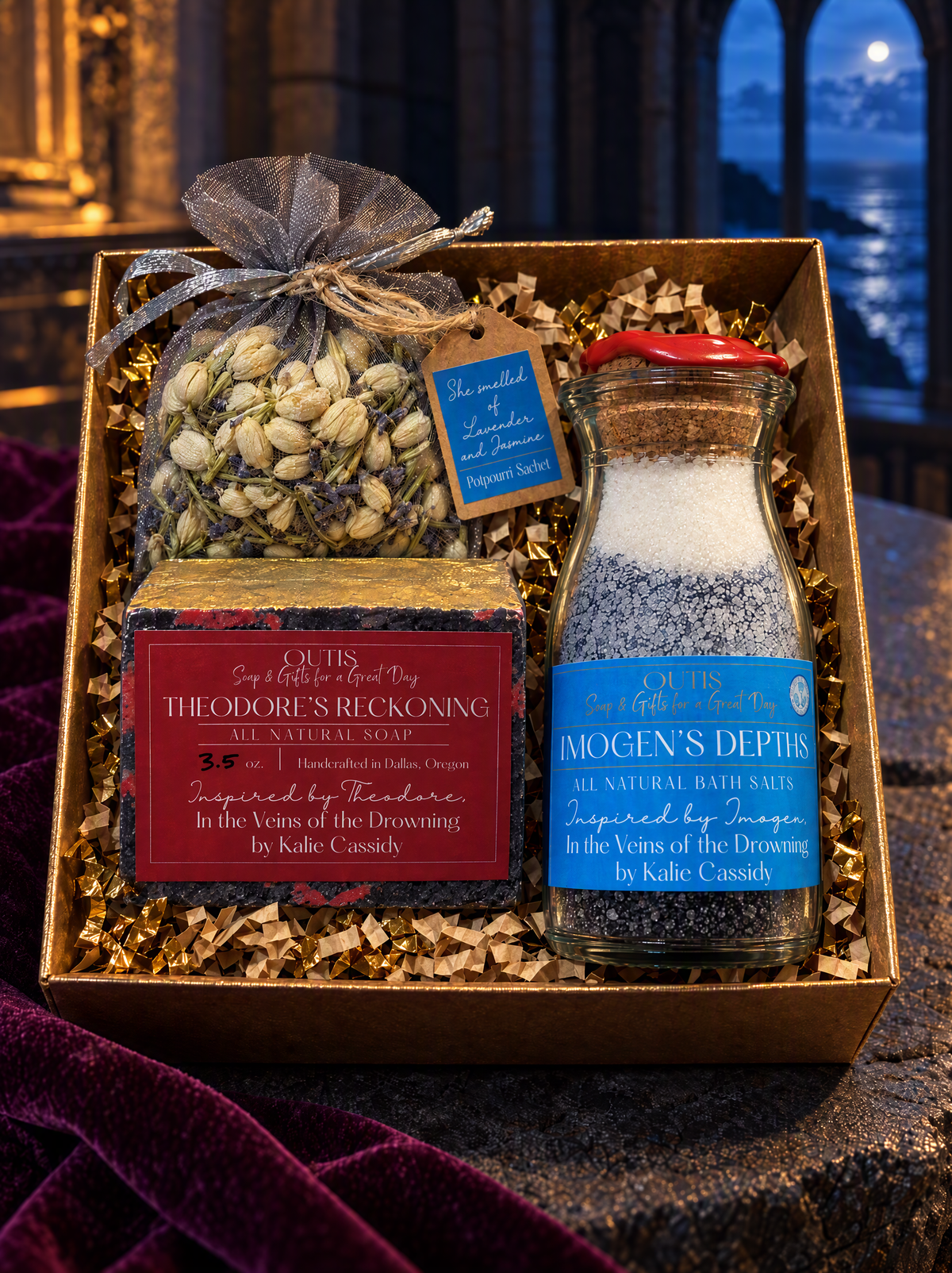 Theodore's Reckoning soap, Imogen's Depths bath salts and lavender and jasmine potpourri