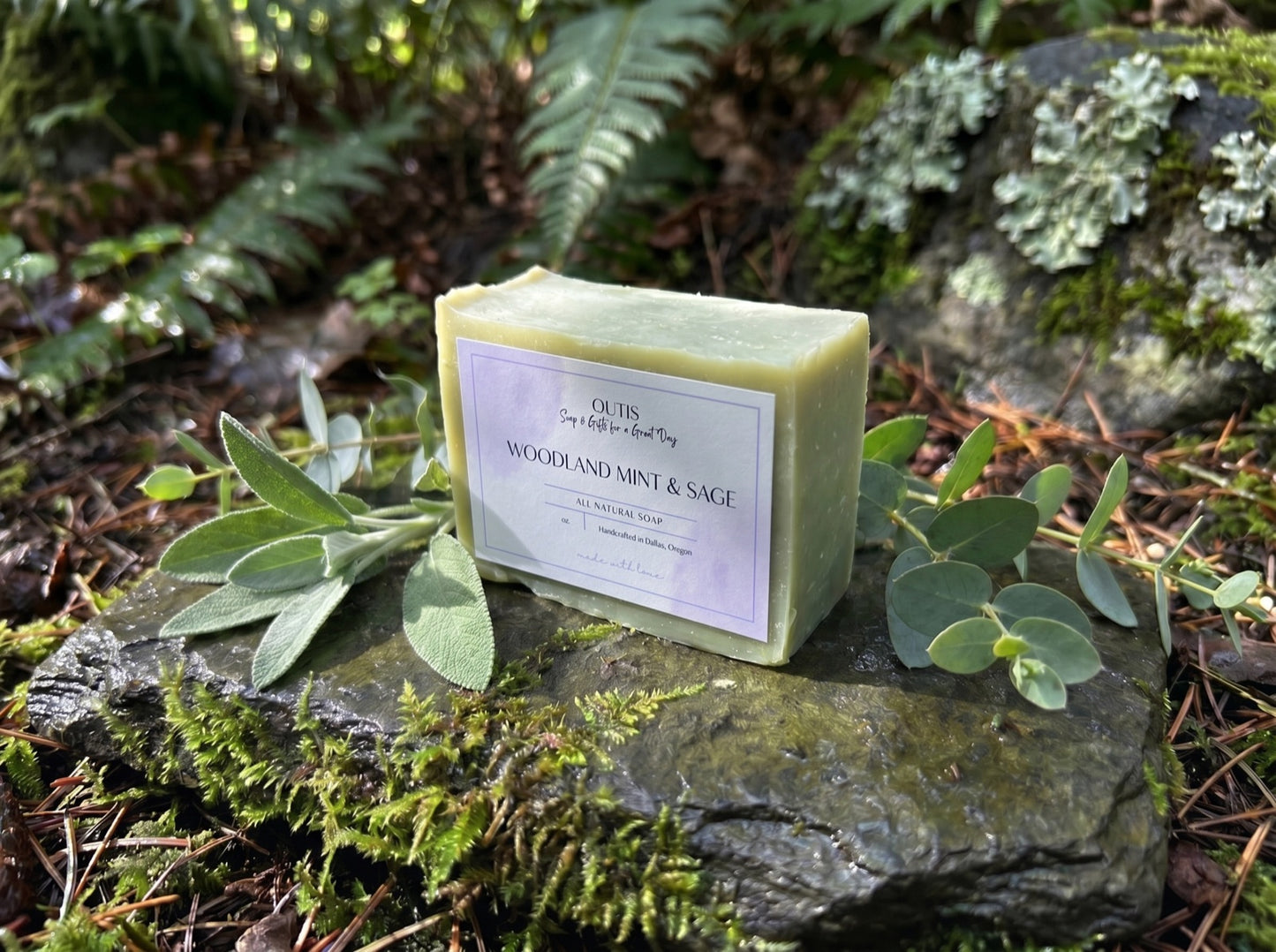 Woodland Mint & Sage, handmade tea soap by Outis Gifts (studio photo)